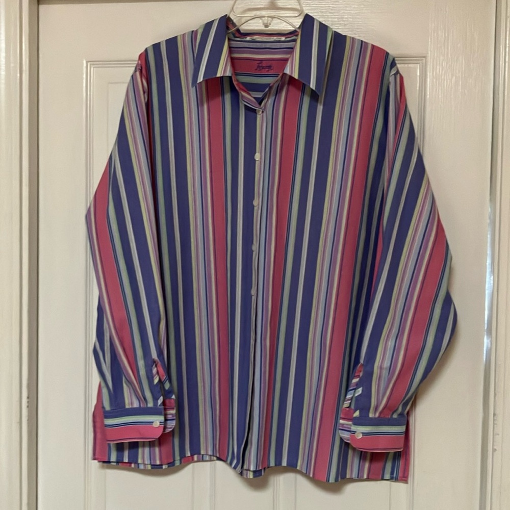 Foxcroft Women's Plus Size Striped Blouse - 18W Pink, Blue & Purple Long Sleeve